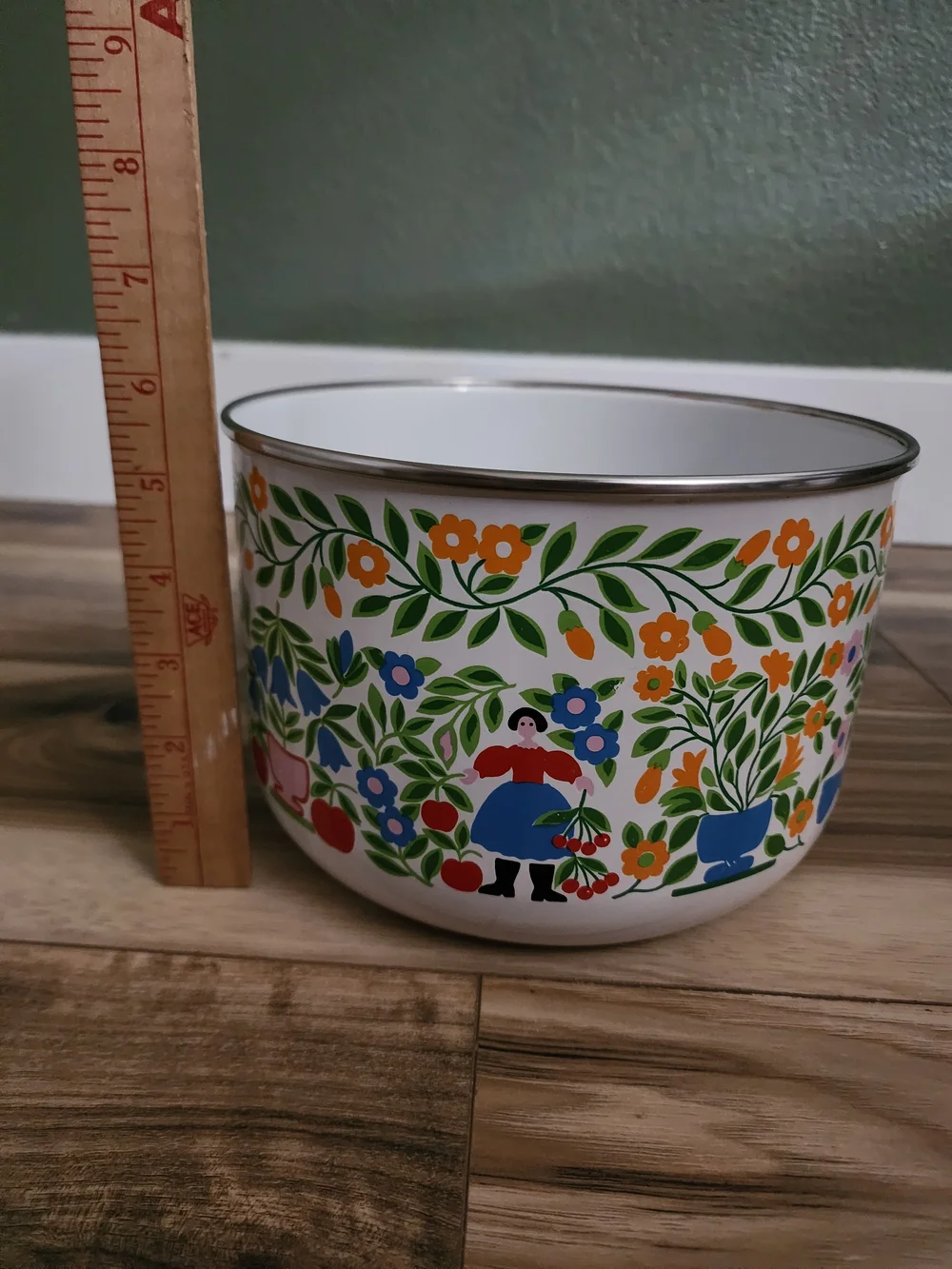 Vintage 1970s Kobe Kitchen Enamel Bowl Folk Art Birds Floral Japan 8.25